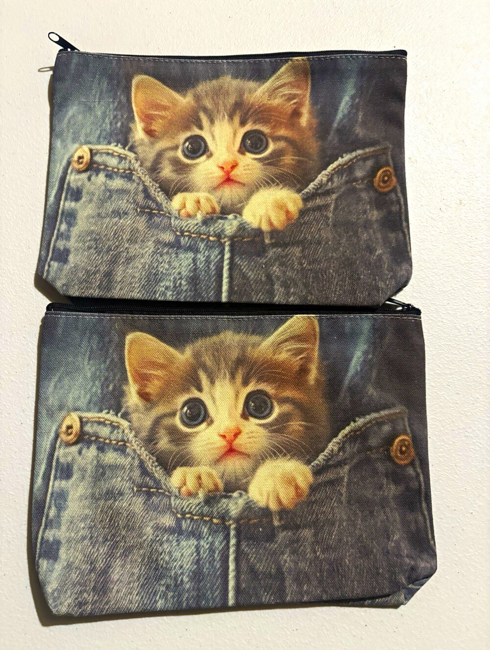 Kitten/Cat Print Makeup Bag Pouch, ZipperGray/Blue, 8 in x 4 in lot of 2